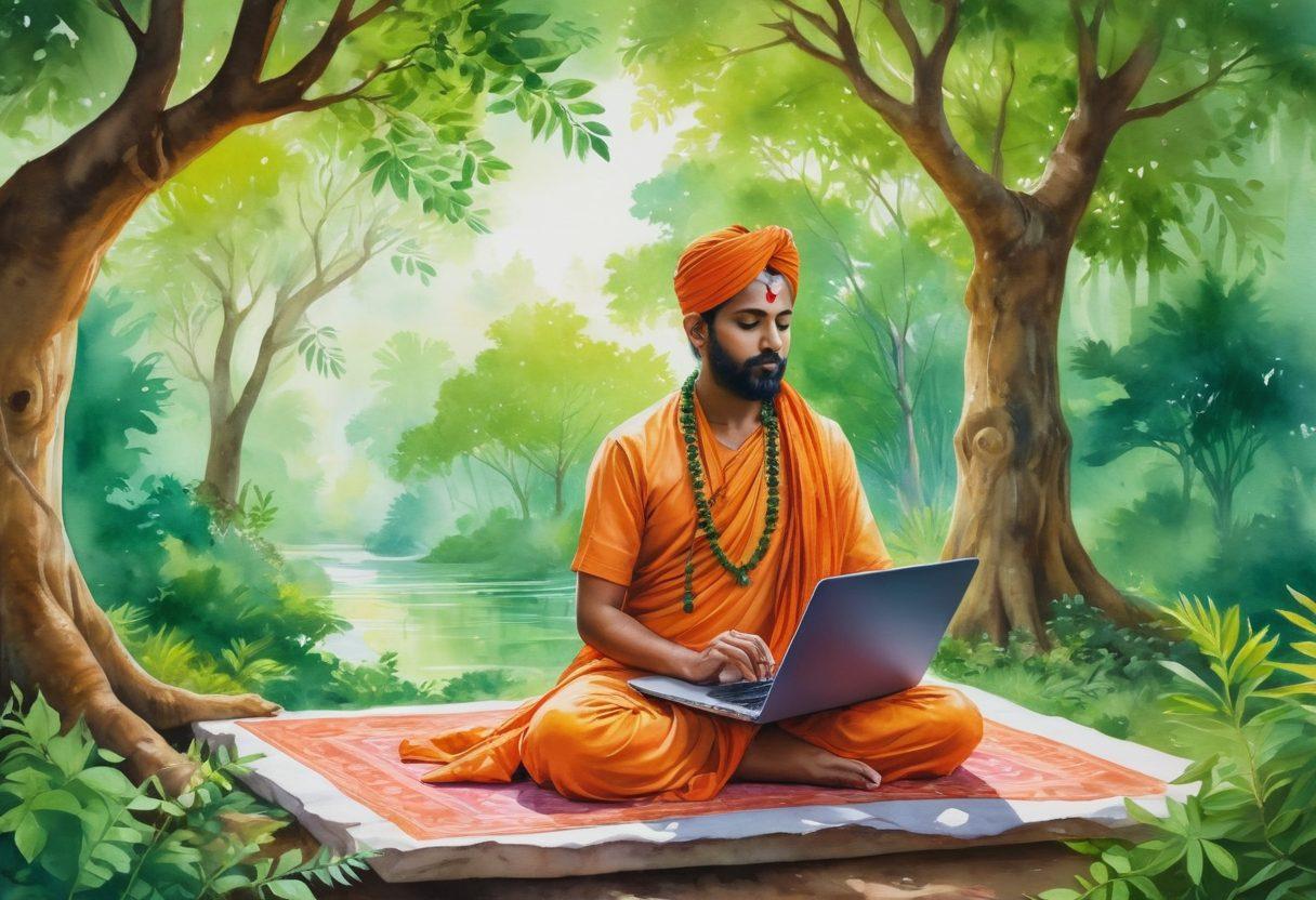 A serene scene of a traditional Vedic ceremony with a modern twist; an Indian pandit performing rituals via a high-definition video call on a laptop. The background includes lush green trees and sacred symbols. The atmosphere should blend modern technology with ancient spirituality. watercolor painting. vibrant colors.