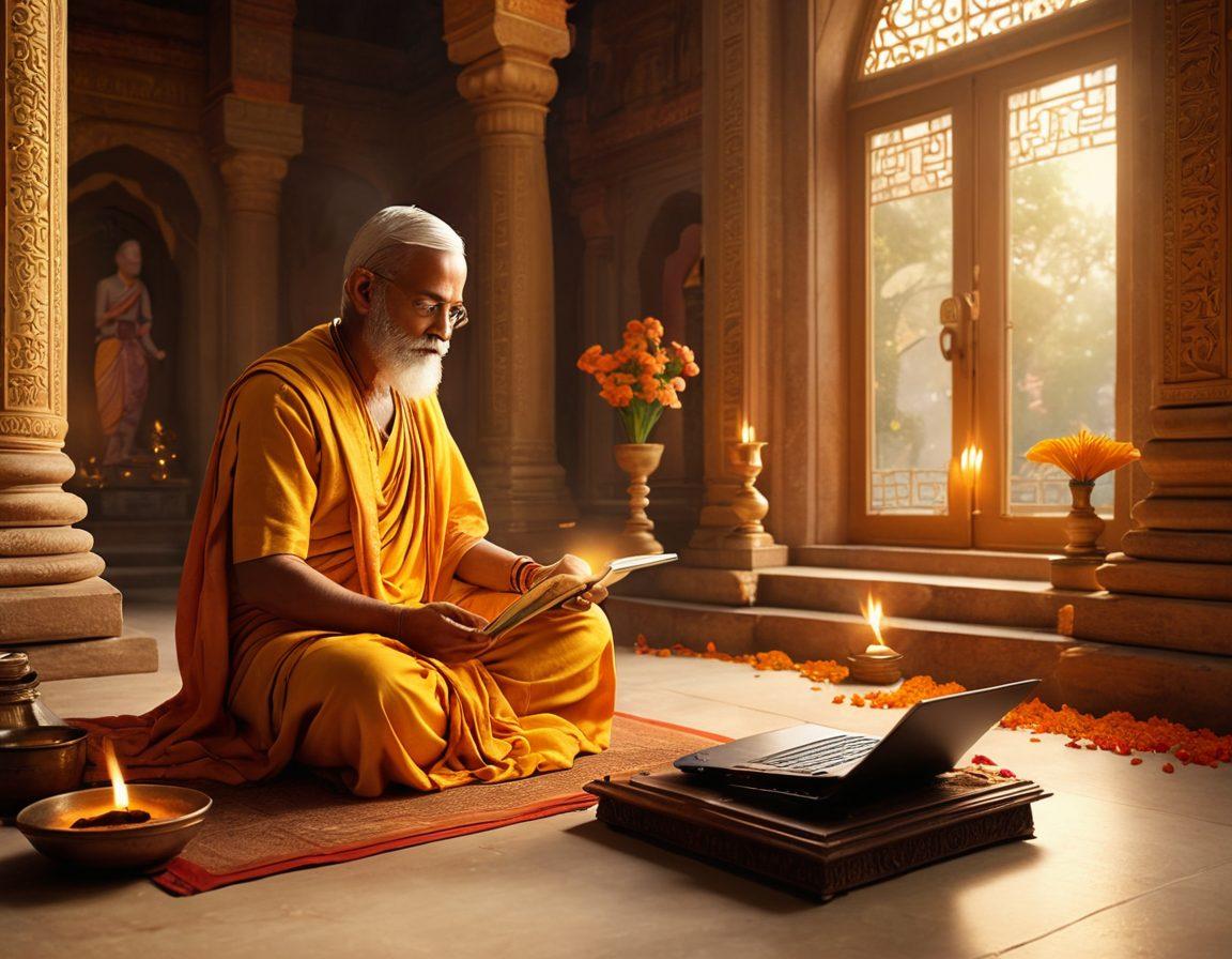 A serene temple scene with an ancient Vedic priest conducting a ritual, surrounded by sacred artifacts like Vedas, flowers, and a burning lamp, all shown on a digital device screen seamlessly connecting to the presence of modern-day technology like laptops, tablets, and smartphones. A golden aura emanates from the temple merging with the digital elements, symbolizing the fusion of tradition and technology. Super-realistic, vibrant colors, white background.