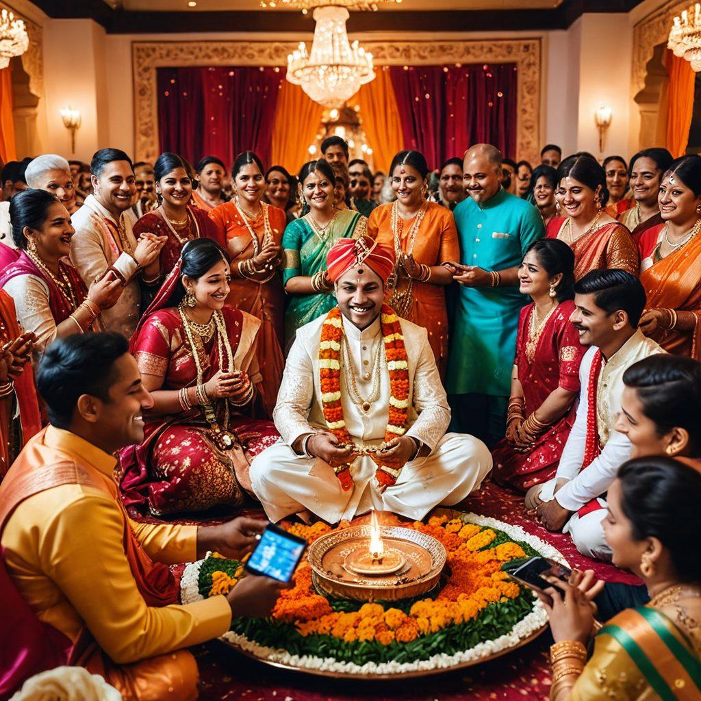 An intricately detailed scene showing a joyful wedding ceremony with a traditional panditji performing rituals, surrounded by happy families in vibrant traditional Indian attire. In the background, a smartphone with an app showing 'Panditji Near You' glowing subtly. The setting should evoke a sense of cultural richness and easy accessibility. super-realistic. vibrant colors. festive atmosphere.